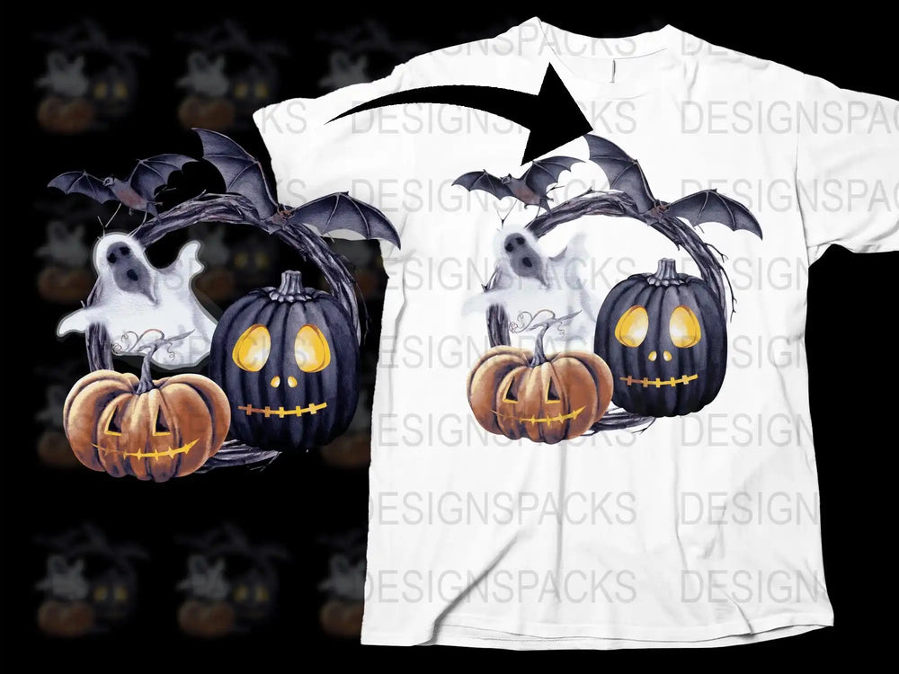 Halloween T-Shirt with Ghosts and Pumpkins, Spooky Bat Graphic Tee, Unisex Fall Festival Apparel