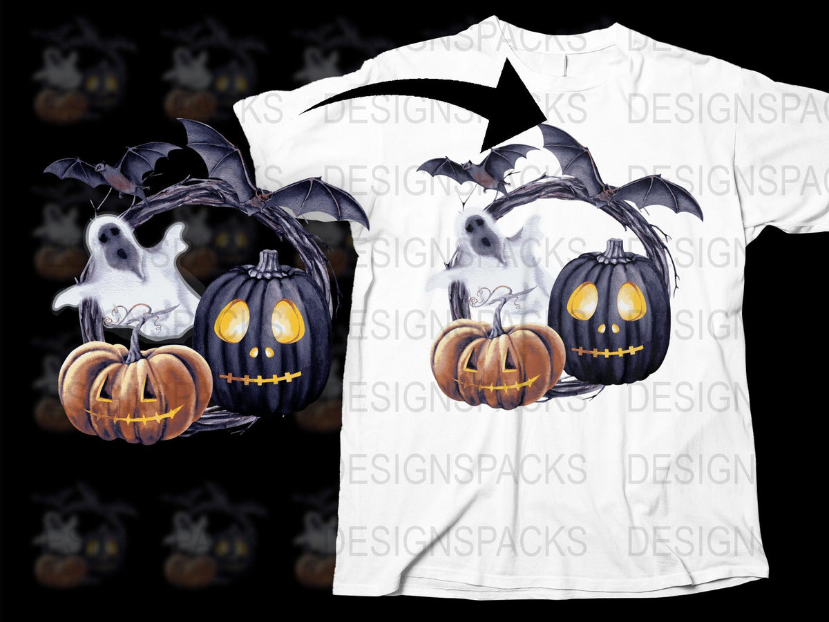 Halloween T-Shirt with Ghosts and Pumpkins, Spooky Bat Graphic Tee, Unisex Fall Festival Apparel