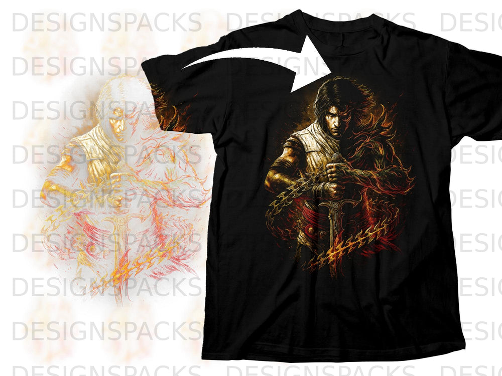 Black t-shirt with a warrior graphic holding a sword and chain.