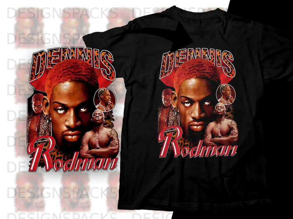 Dennis Rodman graphic tee with collage of his portraits.