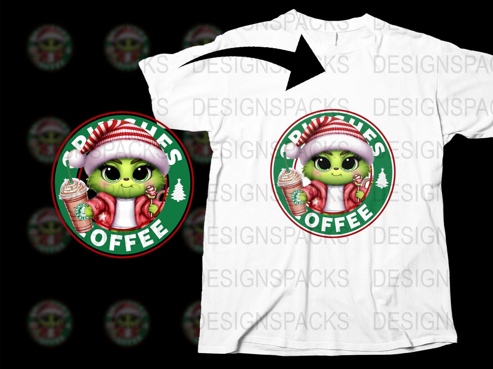 Cute Alien Coffee T-Shirt, Christmas Theme, Kawaii Winter Apparel, Holiday Gift Idea, Unisex Graphic Tee