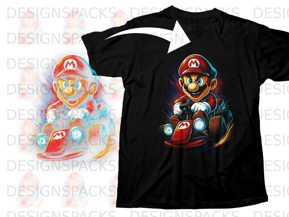 Mario in a red go-kart with a stylized, energetic background on a black t-shirt.