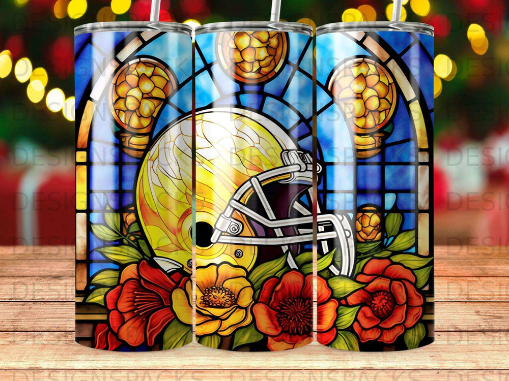 Stained glass football helmet with flowers.