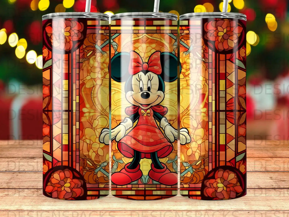 Minnie Mouse in a stained glass pattern design on a tumbler.