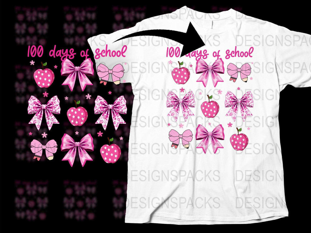 100 Days of School T-Shirt, Pink Bows and Stars Design, Girls Celebration Tee, Festive School Event Shirt