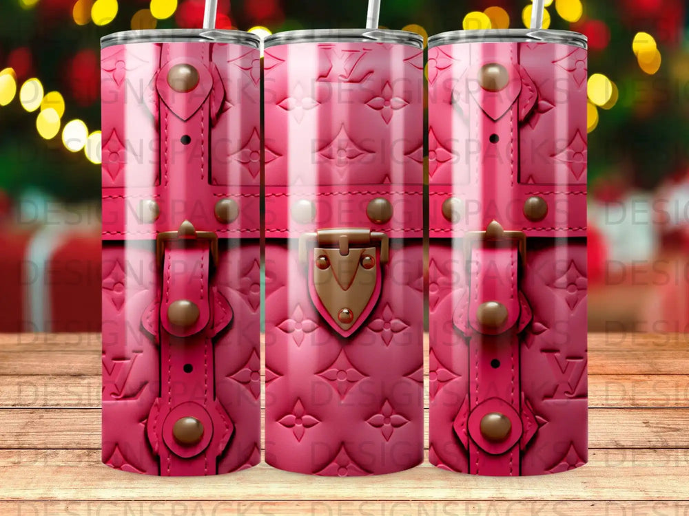 Pink tumbler with quilted LV-style pattern and gold hardware accents.