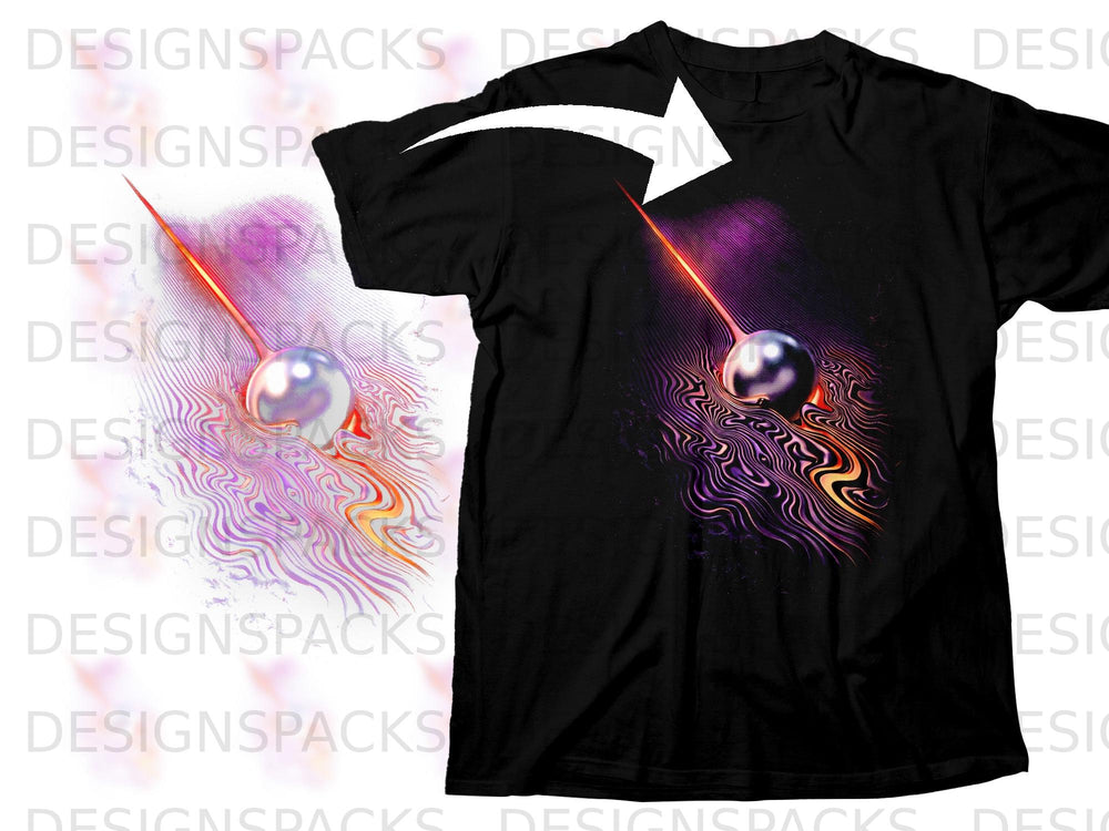 Black t-shirt featuring a metallic orb with a fiery trail and abstract colorful ripples.