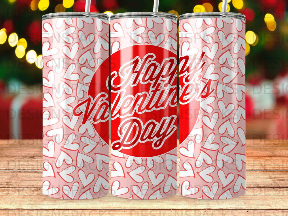 Pink tumbler with repeating heart pattern and "Happy Valentine's Day" text.