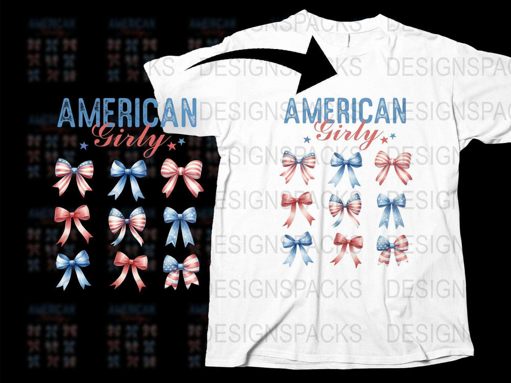 American Girly T-Shirt with Red, White, and Blue Bows Design, Patriotic Apparel for Women and Girls
