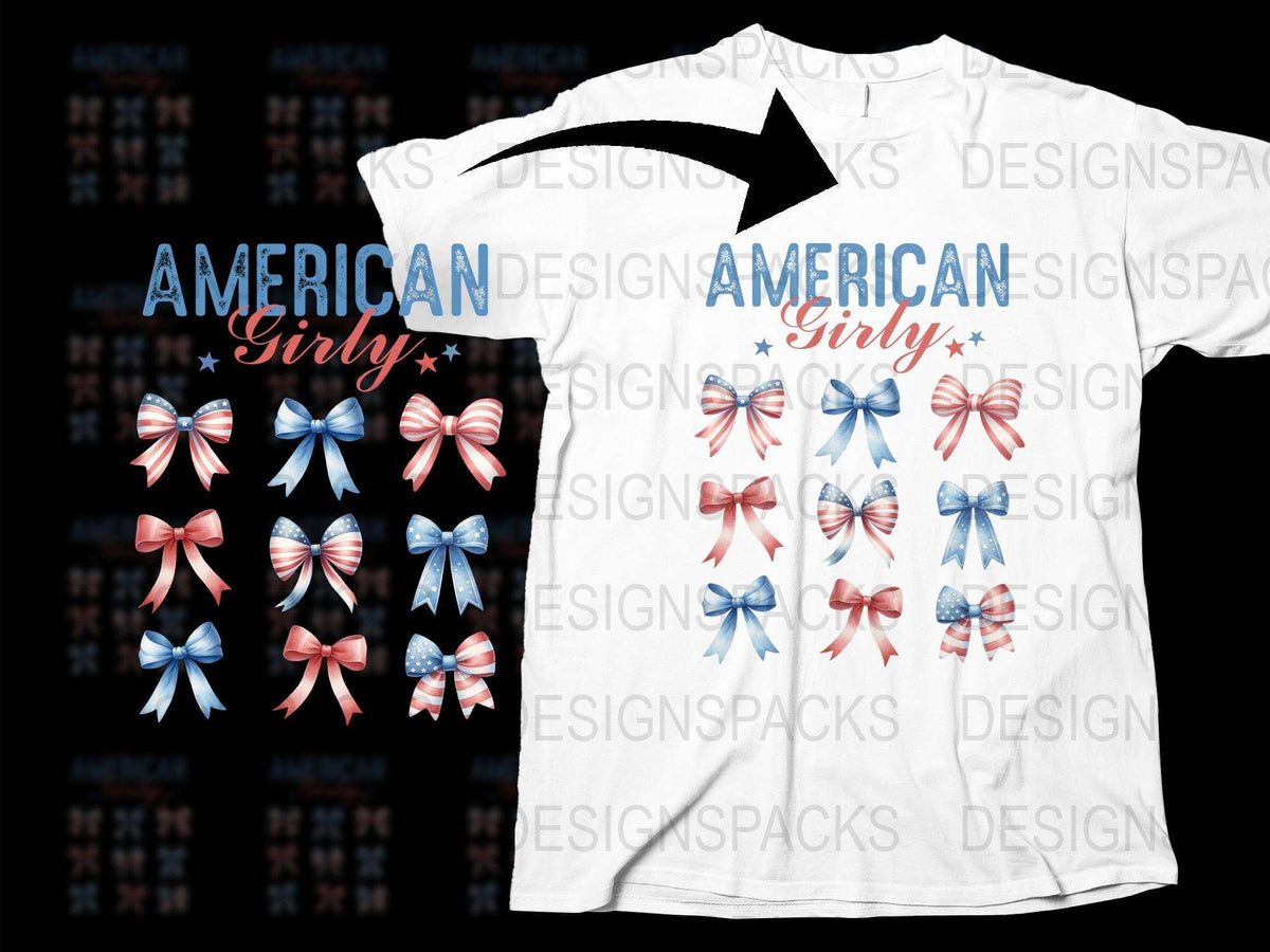 American Girly T-Shirt with Red, White, and Blue Bows Design, Patriotic Apparel for Women and Girls