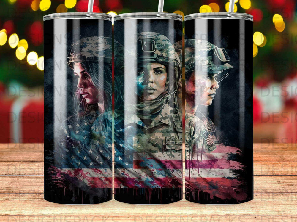 Three women in military uniform with American flag overlay.