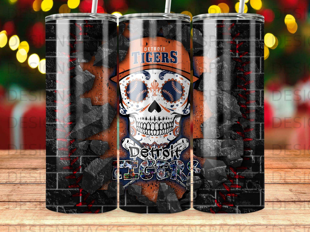 Detroit Tigers skull design on a tumbler with a brick background.