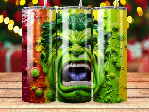 Hulk's enraged face with open mouth and purple tongue on a colorful tumbler.