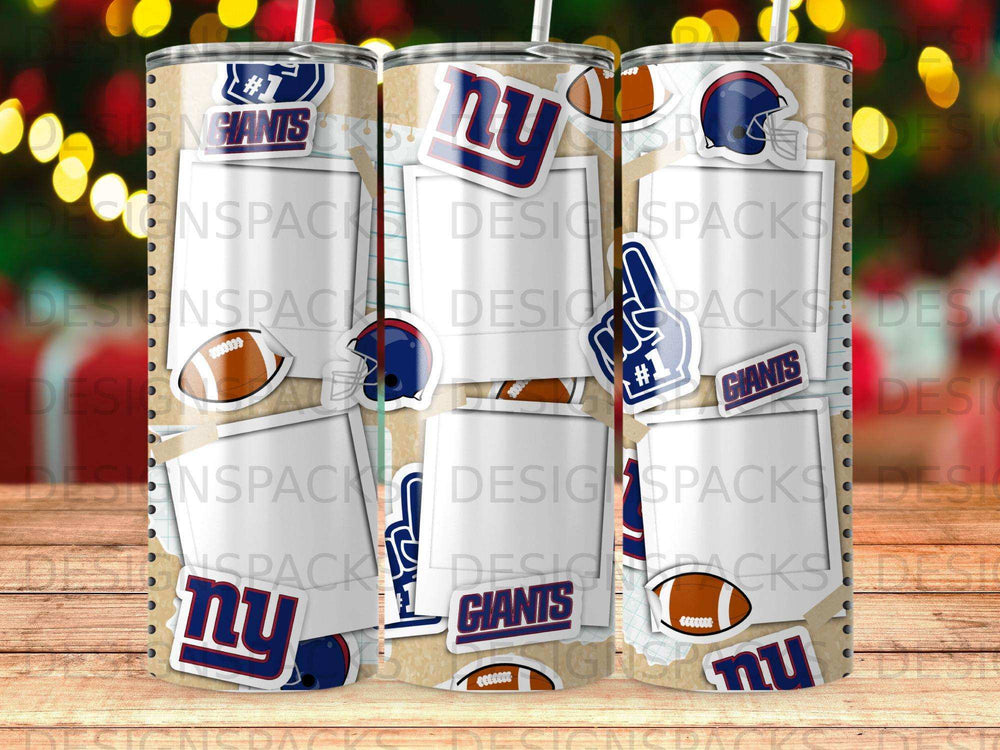 New York Giants themed tumbler with team logos, football, and "#7".