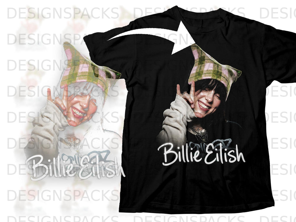 Black t-shirt with Billie Eilish graphic and her name printed below.