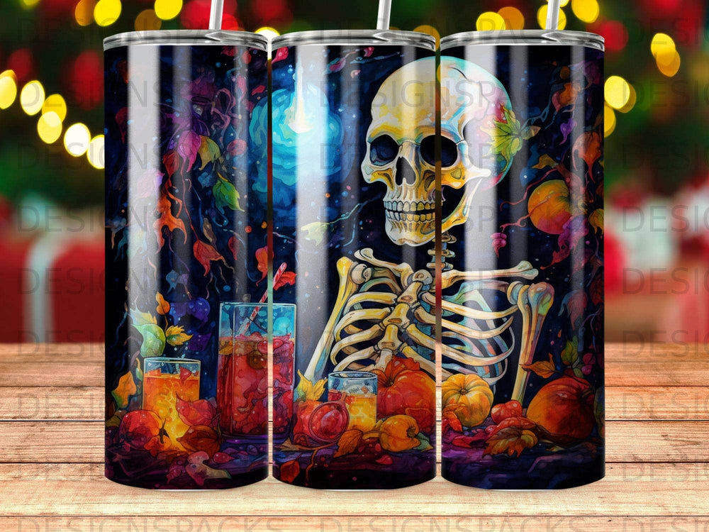 Skeleton with pumpkins and drinks against a dark, autumnal background.