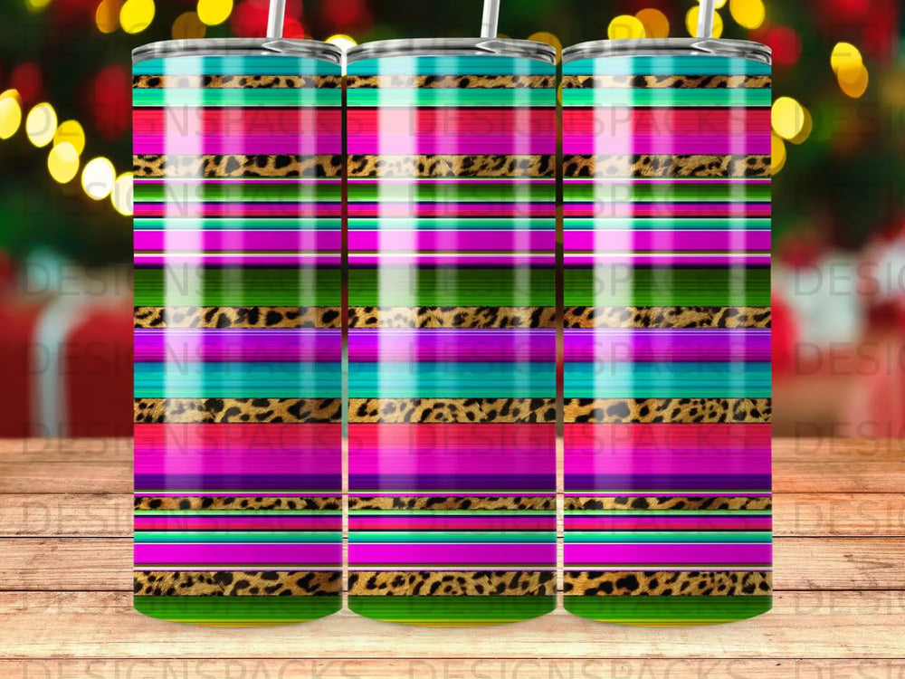 Colorful striped tumbler with leopard print accents.