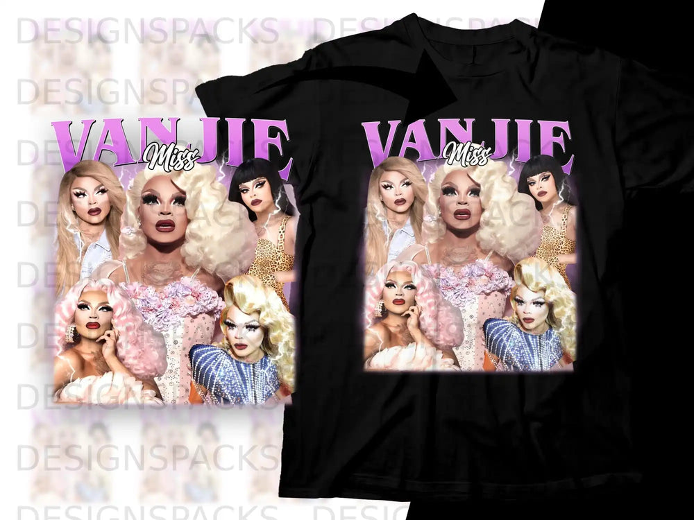 Two black t-shirts featuring Miss Vanjie and other drag queens.
