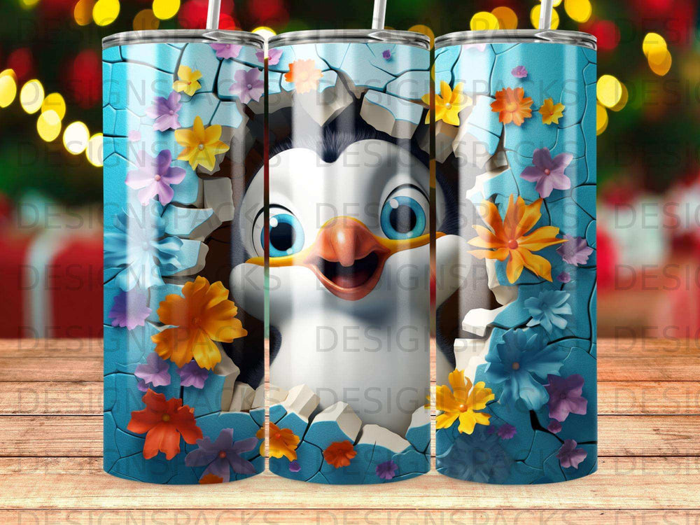 Penguin emerging from cracked wall surrounded by colorful flowers and festive lights.