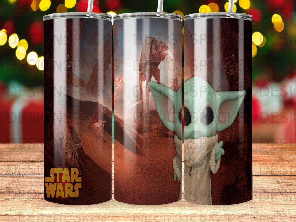 Star Wars Grogu with Death Star and stormtroopers in background.