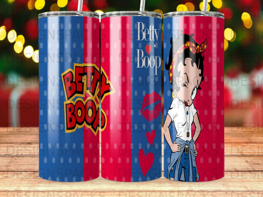 Betty Boop design on red and blue striped tumbler.