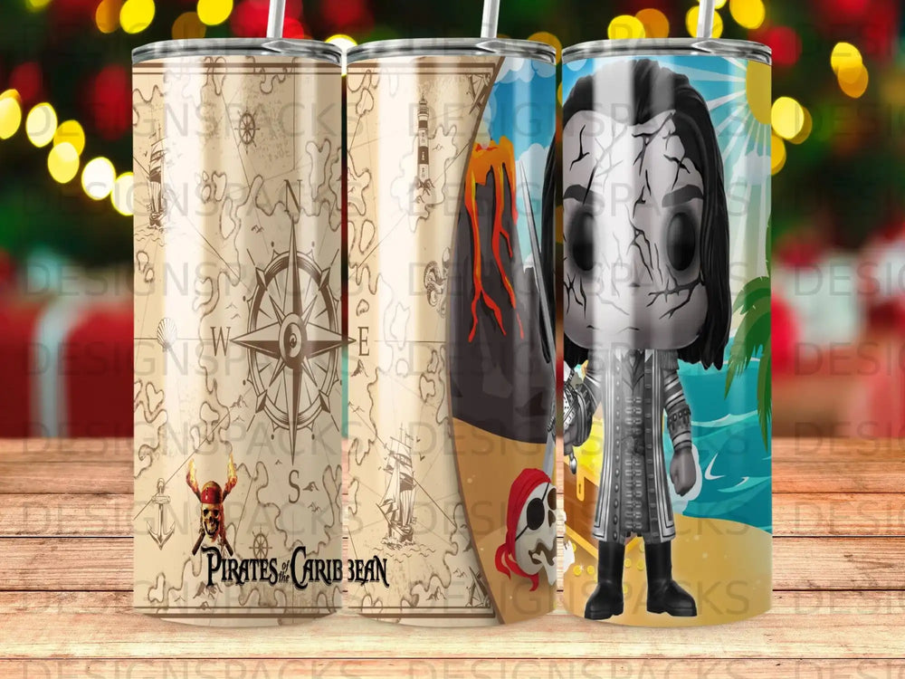 Pirates of the Caribbean tumbler with map, volcano, and pirate character.