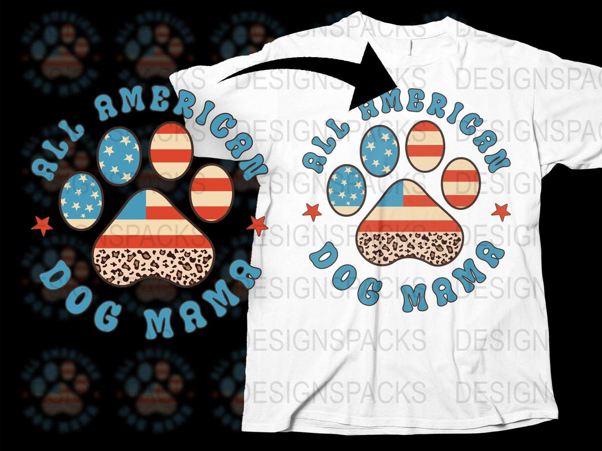 All American Dog Mama T-Shirt, Patriotic Pet Lover Gift, Stars Stripes Paw Print Tee, USA Flag Design, Casual Women's Top