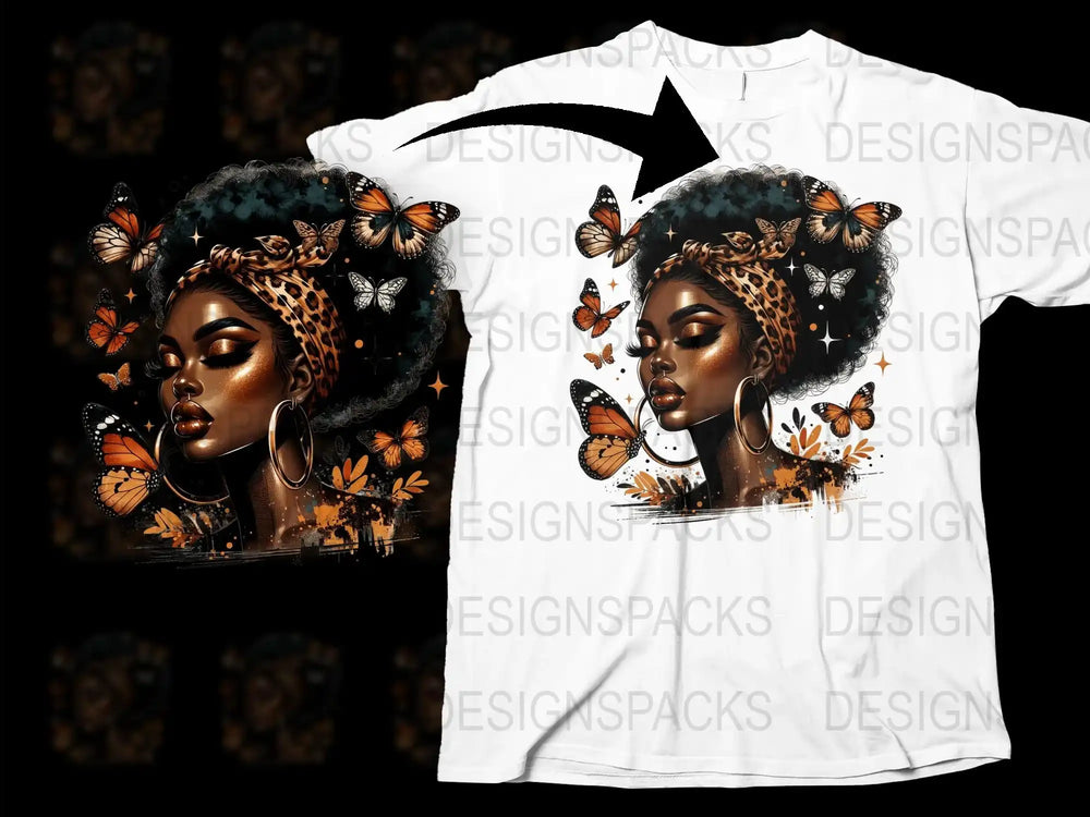 Afrocentric Butterfly Art T-Shirt, Black Woman with Butterflies Graphic Tee, Unique African Beauty Fashion Top