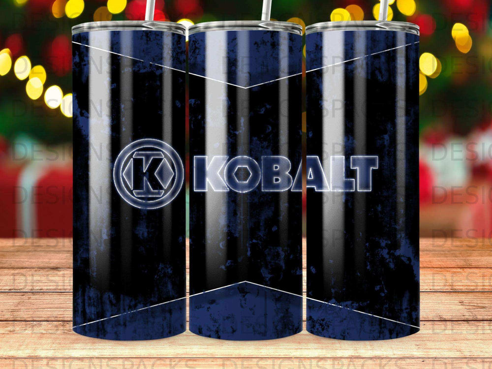 Kobalt logo on blue textured tumbler with black and white streaks.