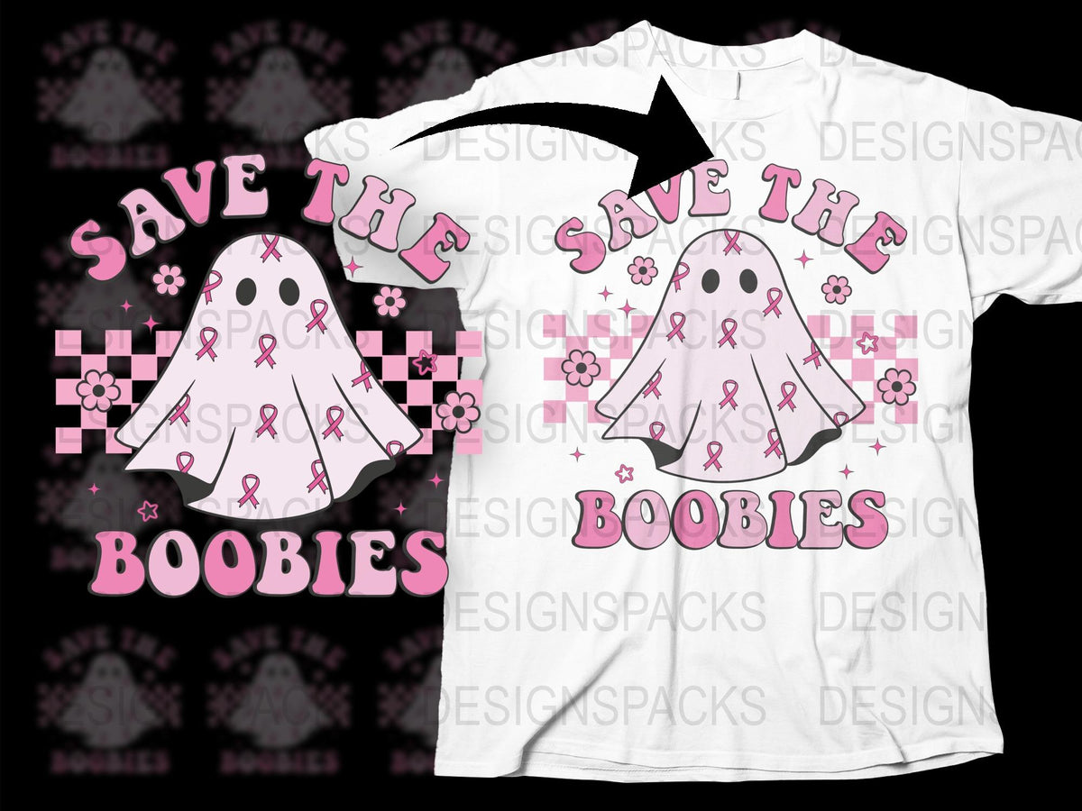 Save the Boobies Breast Cancer Awareness T-Shirt, Pink Ribbon Ghost Graphic Tee, Supportive Health Campaign Shirt