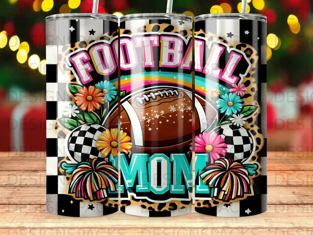 Football Mom tumbler with colorful flowers, football, and cheetah print accents.
