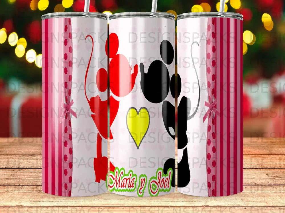 Three tumblers decorated with Mickey Mouse and Minnie Mouse silhouettes, "Maria & Joel" text.