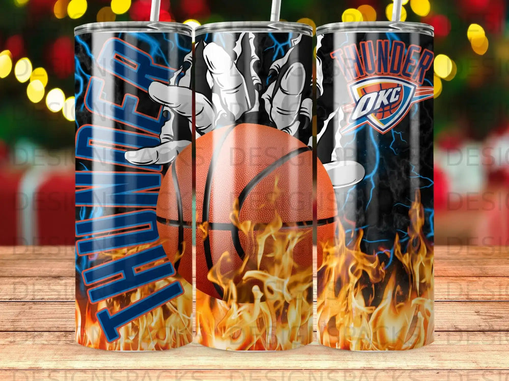 Oklahoma City Thunder basketball tumbler with flames and lightning.