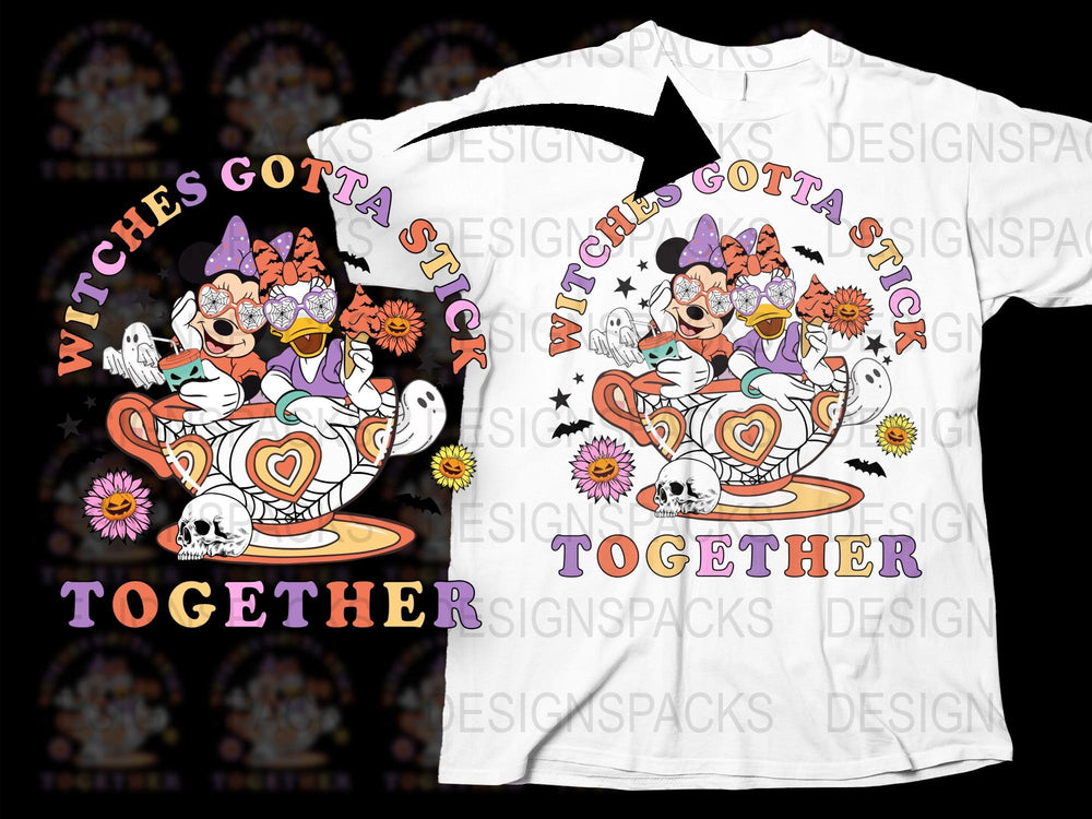 Halloween Witch Cats T-Shirt, Cute Witch Gotta Stick Together Tee, Floral Skull Cat Lover Gift, Spooky Witchcraft Shirt for Women and Men