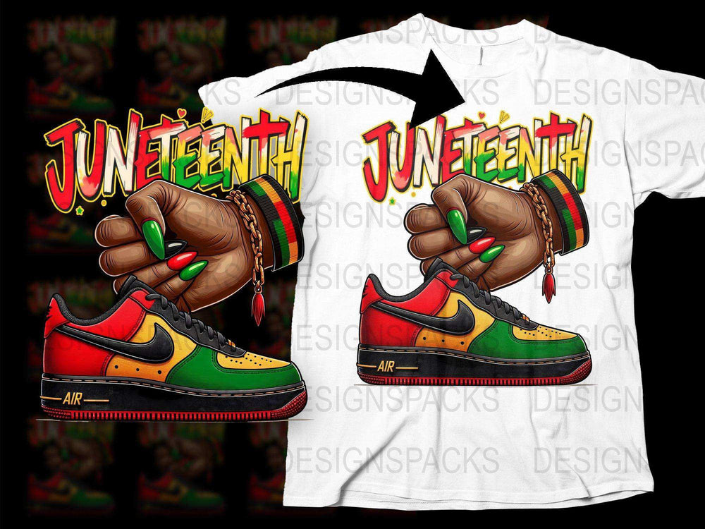 Juneteenth Celebration T-Shirt and Sneaker Design, Vibrant Red Green Yellow Colors, African American Pride Apparel