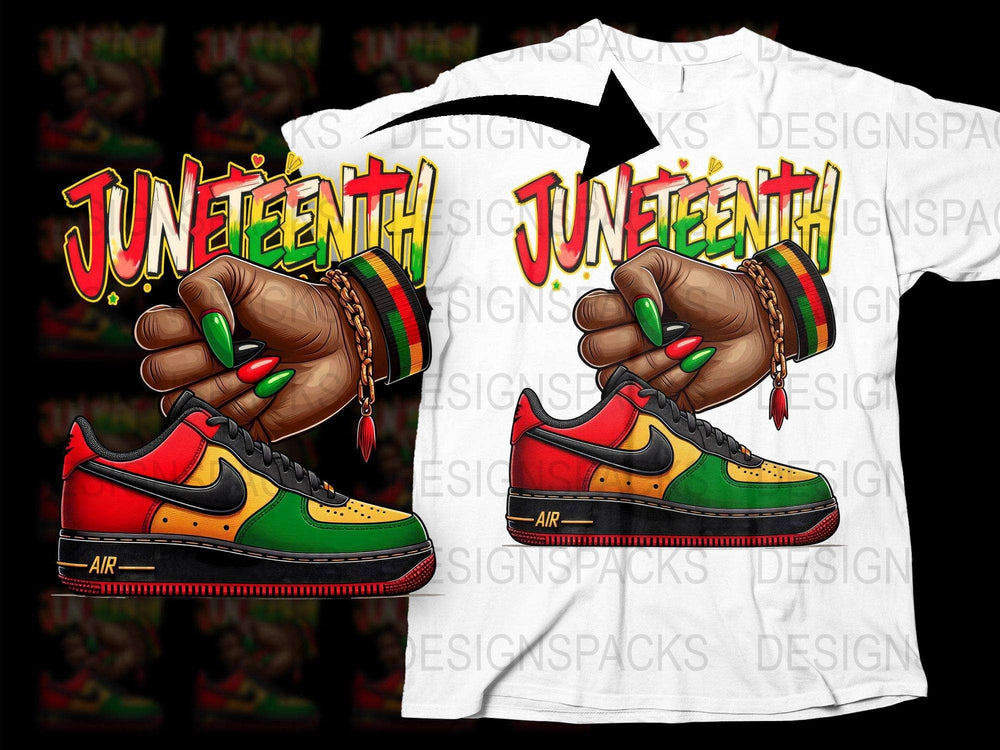 Juneteenth Celebration T-Shirt and Sneaker Design, Vibrant Red Green Yellow Colors, African American Pride Apparel