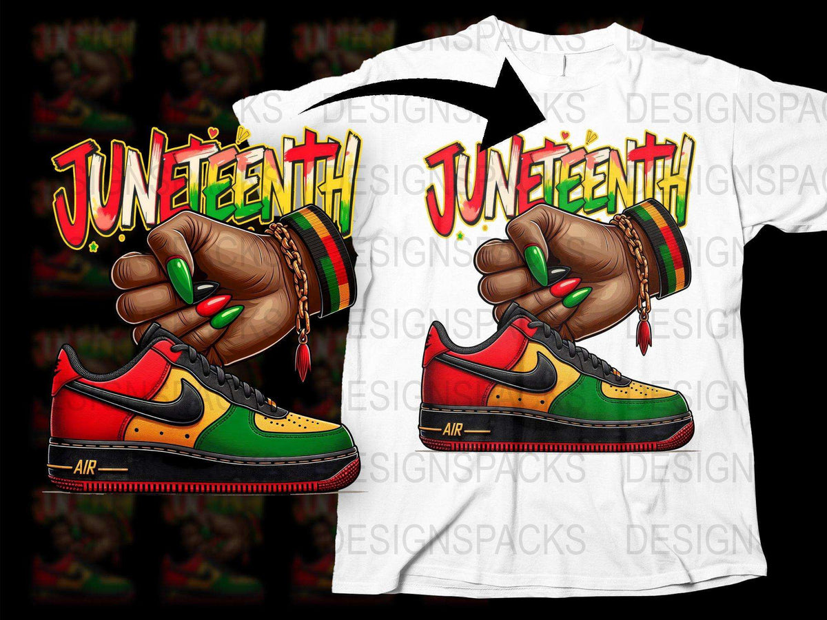 Juneteenth Celebration T-Shirt and Sneaker Design, Vibrant Red Green Yellow Colors, African American Pride Apparel