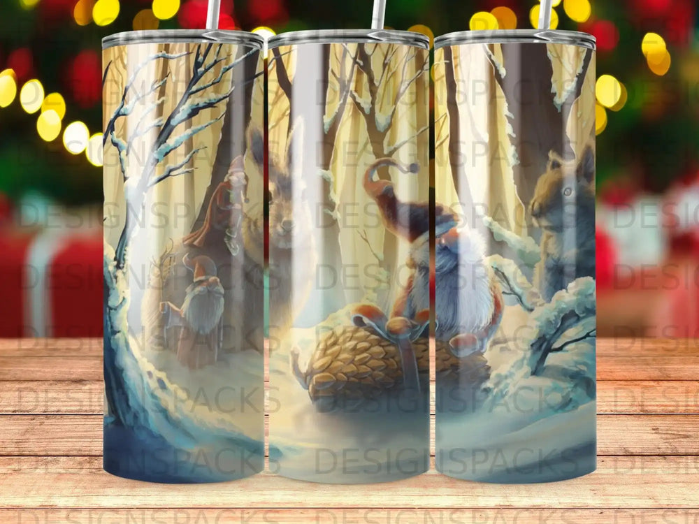 Winter forest scene with Santa and animal, on a tumbler.