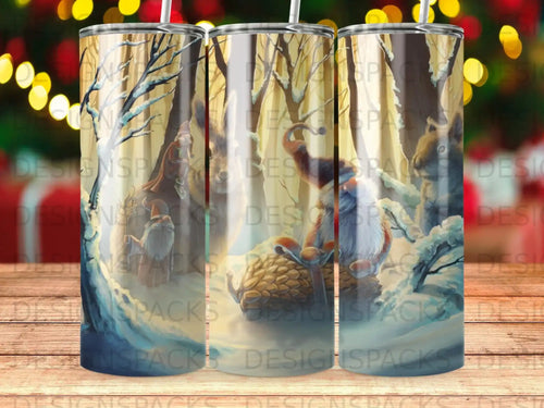 Winter forest scene with Santa and animal, on a tumbler.