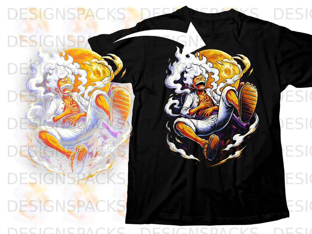 Black t-shirt featuring an anime character with white hair and a large yellow sun.