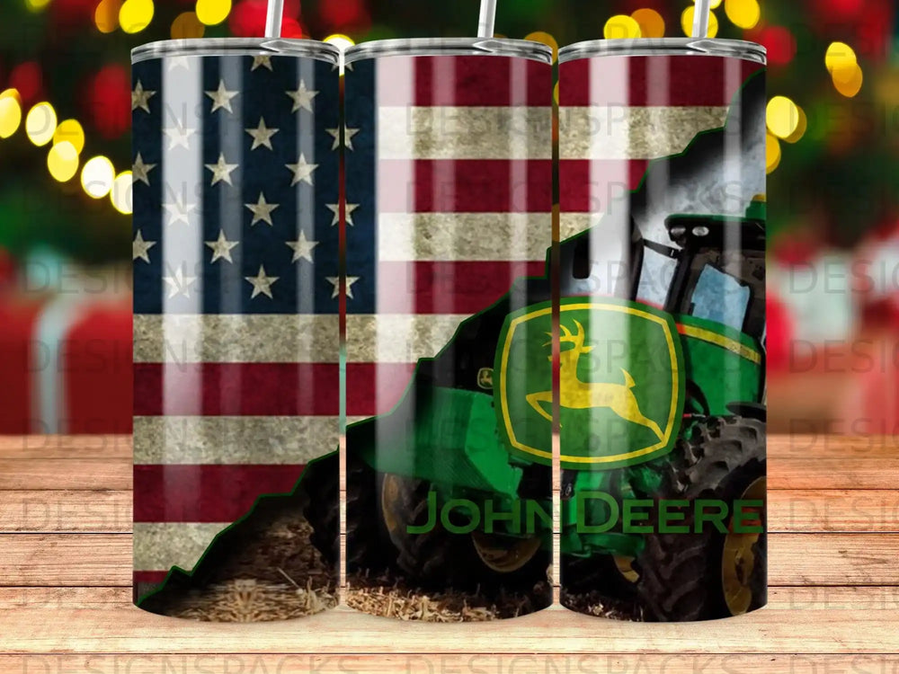 Green John Deere tractor against a backdrop of the American flag.