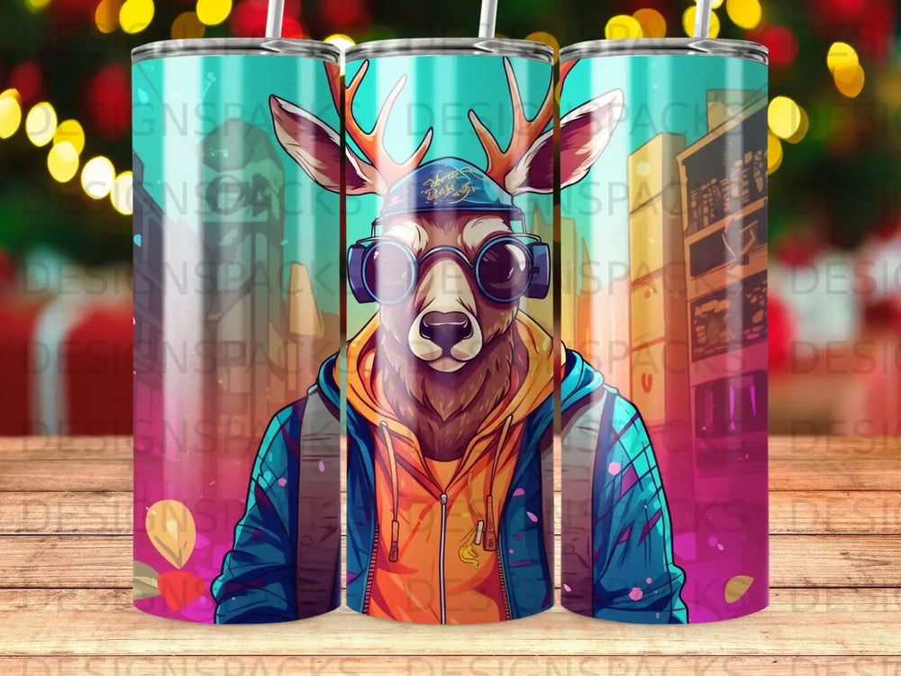 Deer wearing sunglasses and hoodie on a cityscape background.