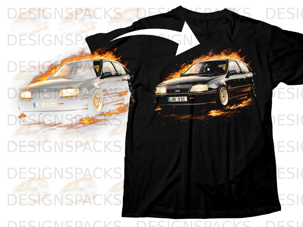 Black t-shirt with a graphic of a black Opel Kadett GSi surrounded by flames.