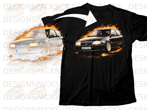Black t-shirt with a graphic of a black Opel Kadett GSi surrounded by flames.
