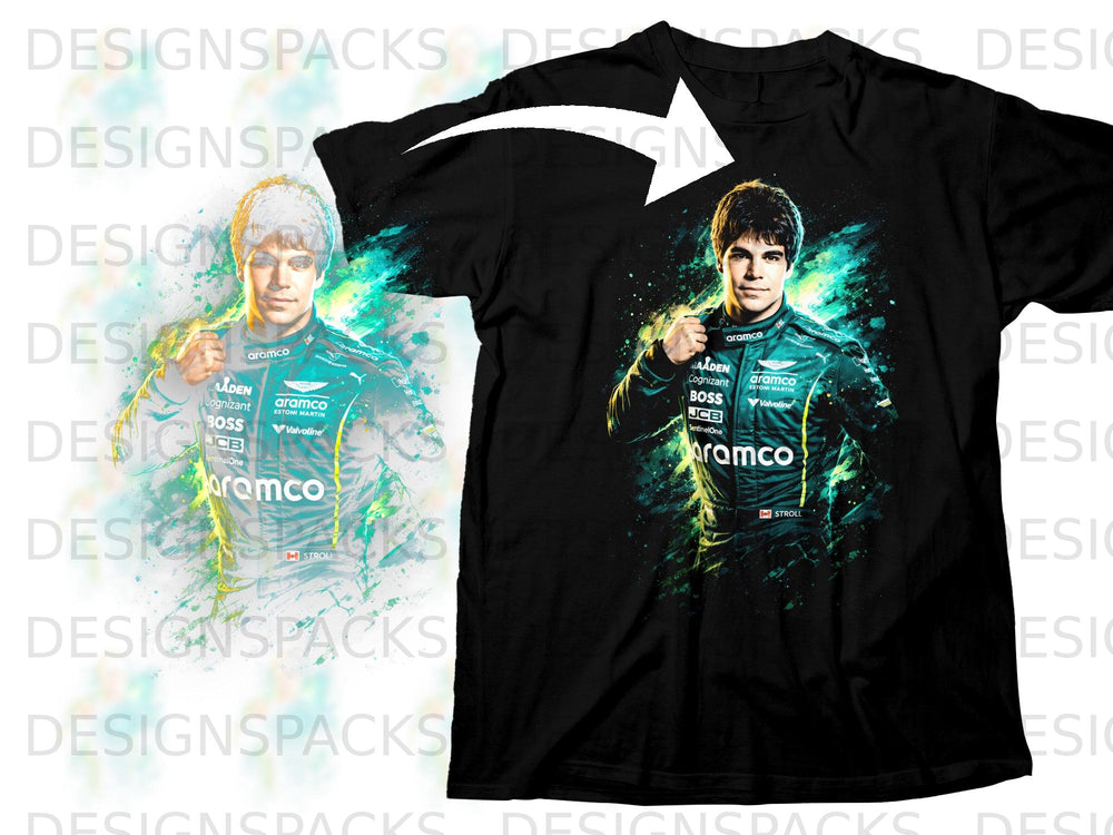 Aston Martin racing driver Lance Stroll graphic on a black t-shirt.