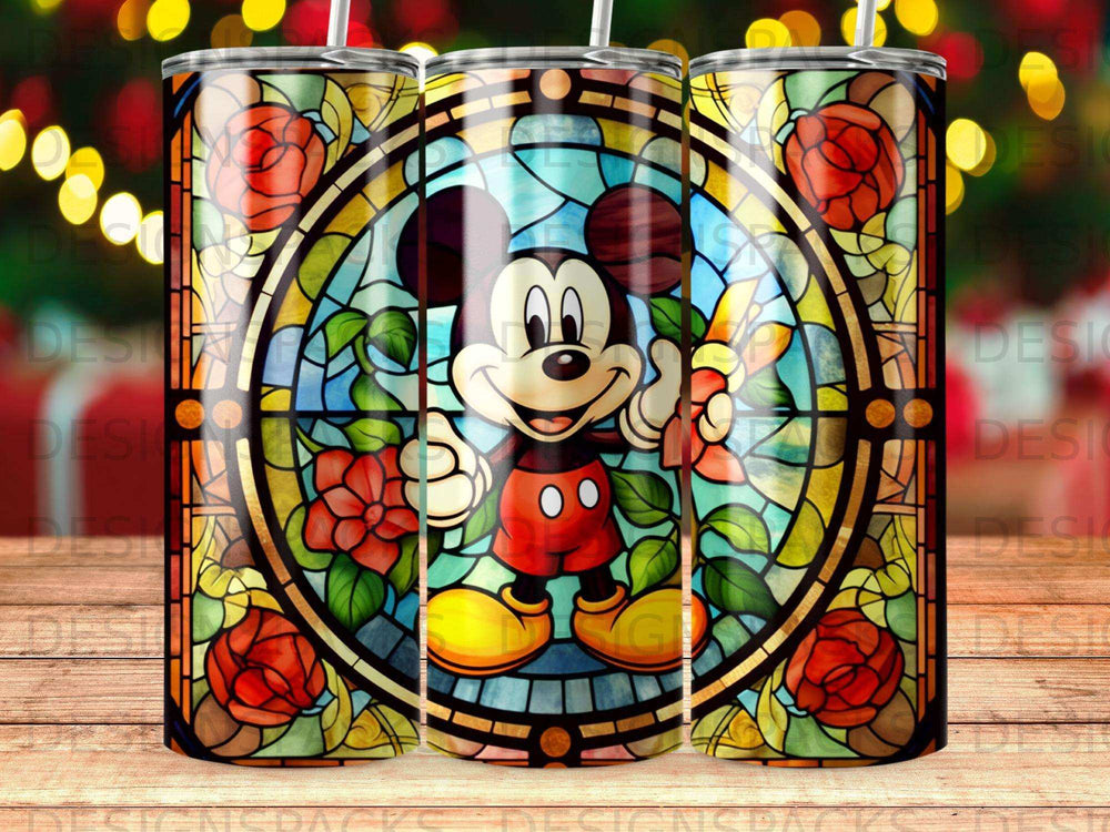 Mickey Mouse in stained glass with roses, surrounded by bokeh lights.