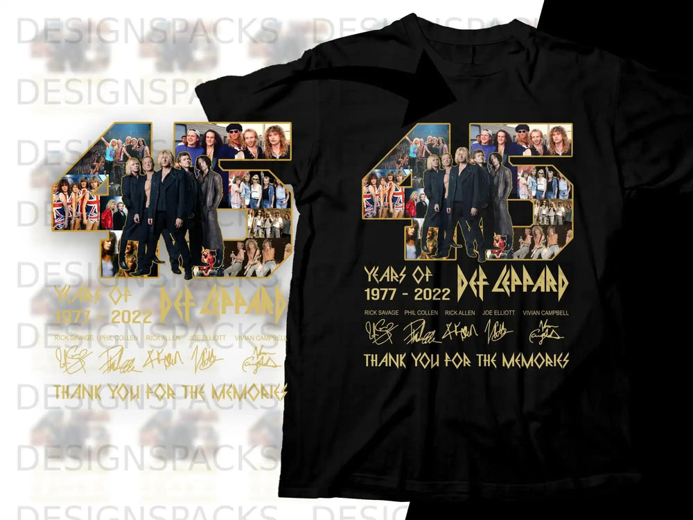 Def Leppard 1977-2022 t-shirt with band collage and thank you message.