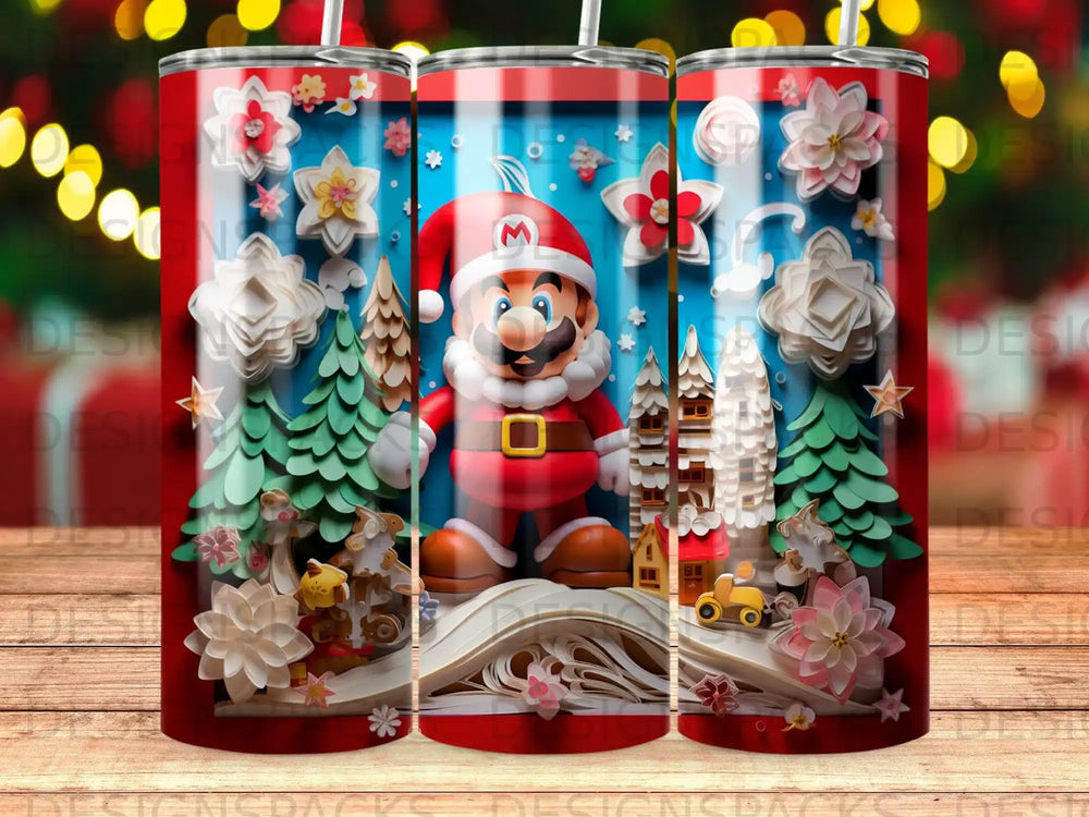 Santa Mario character with festive Christmas scene and open book.