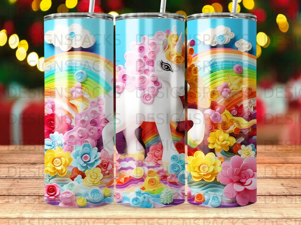 Unicorn with rainbow and flowers on a blue tumbler.