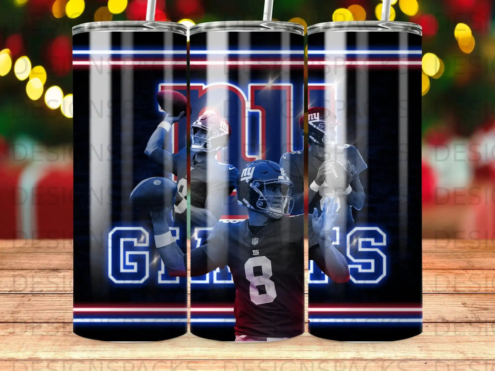 New York Giants football players in uniform with team logo and blue, red, and white accents.